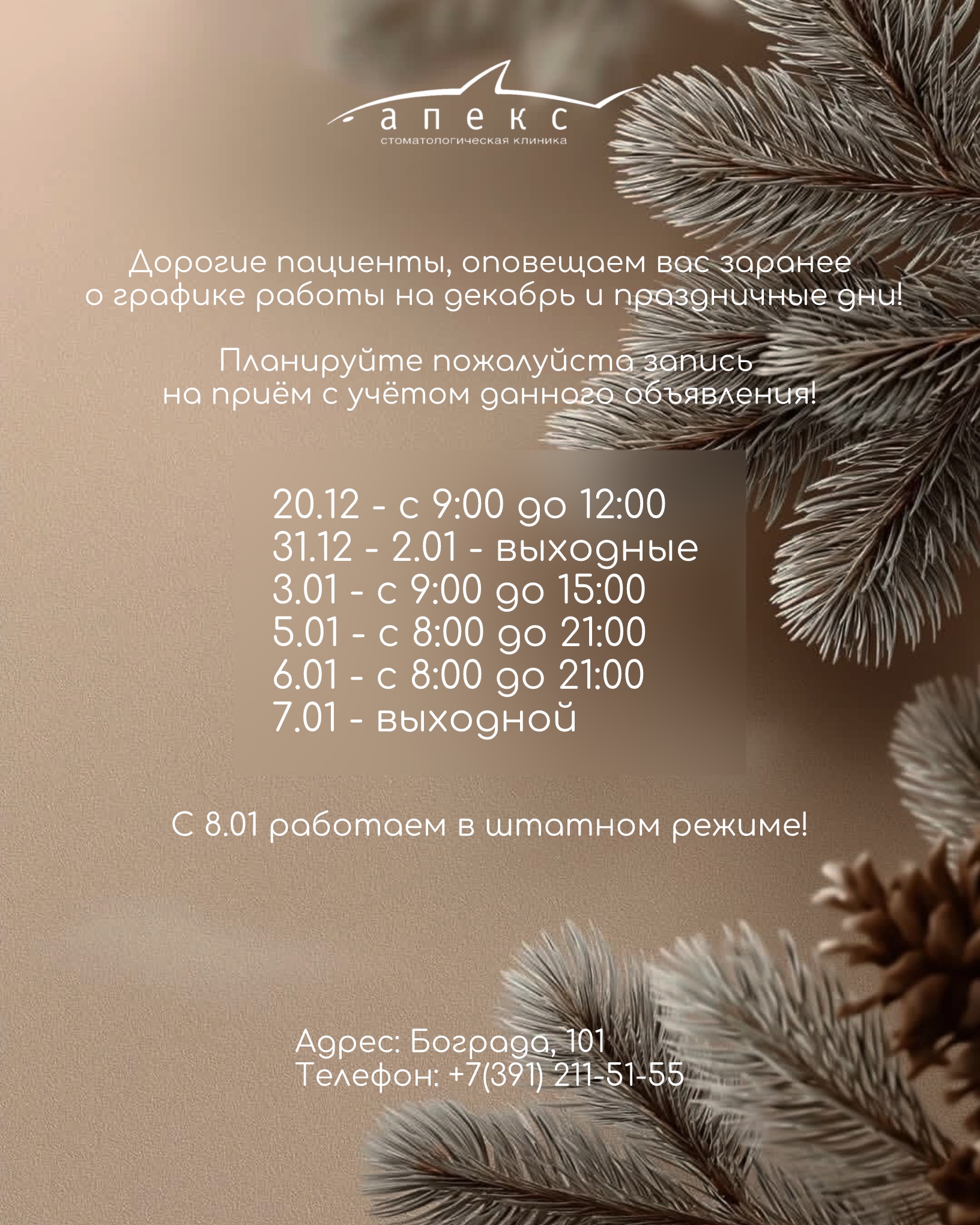 График работы на декабрь и праздничные дни